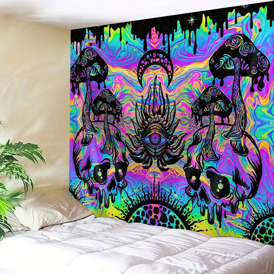 VIKAMA Psychedelic Skull Mushroom Tapestry All-Seeing Eye Neon Gradient Music Party Room Theme Trendy Room Decor