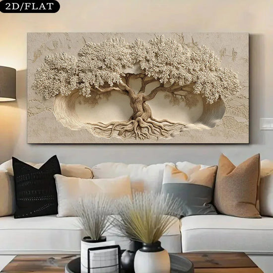 Frameless 2D Flat Tree of Life Wall Art Canvas Print -Poster, Modern Minimalist Tree with Roots & Branches for Living Room, Bedr