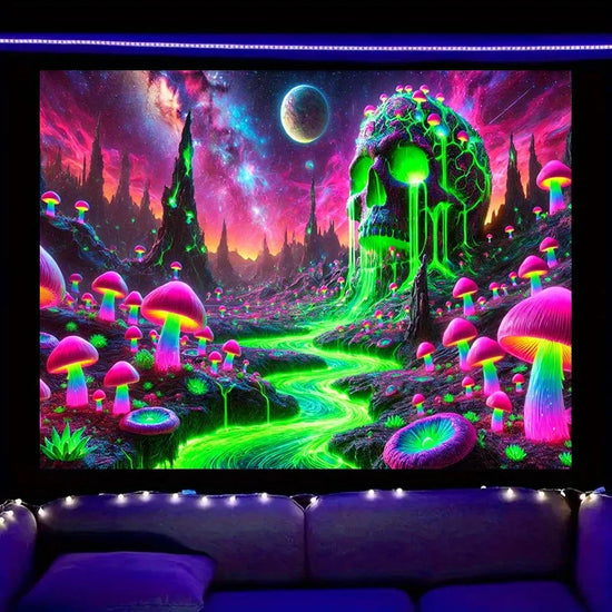 VIKAMA Psychedelic Alien World Tapestry: Green Skulls and Mushroom Forest Fantasy Chic Living Room Backdrop Wall Room Decor