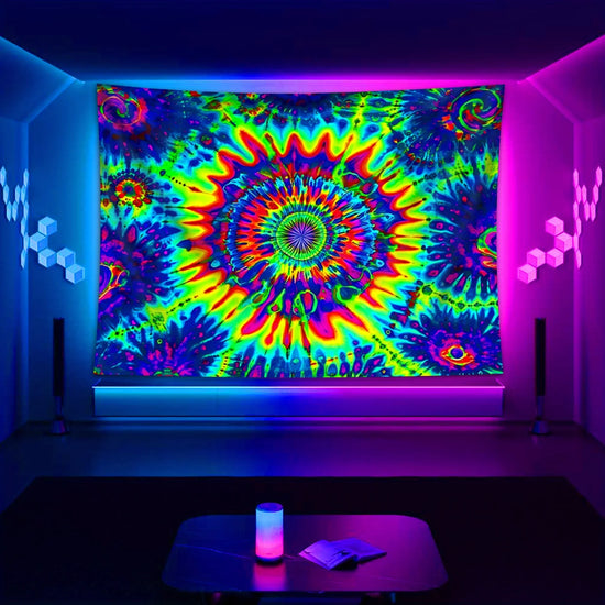 Neon Psychedelic Kaleidoscope Tapestry