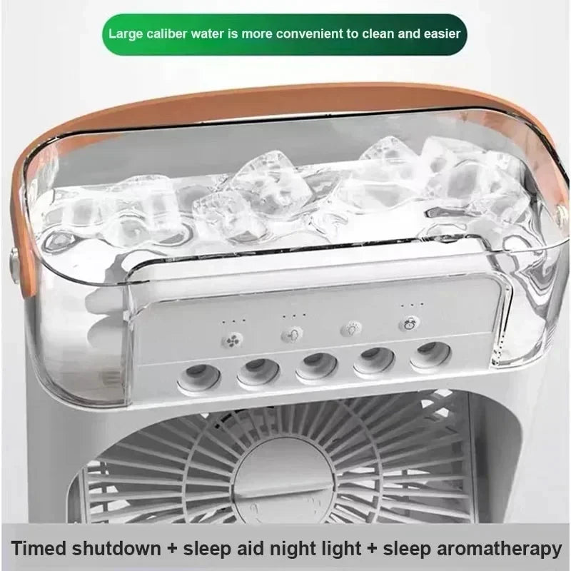 Mini air conditioner portable humidifier with ice chamber and control panel features for sleep aid and aromatherapy.