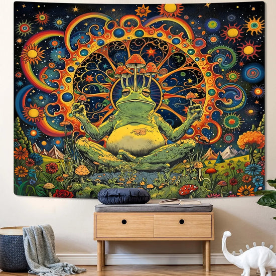 JIT 1 pc Psychedelic Meditating Frog Polyester Tapestry 2D Flat Print Trippy Home Decor Bedroom Wall Art Whimsical Charming