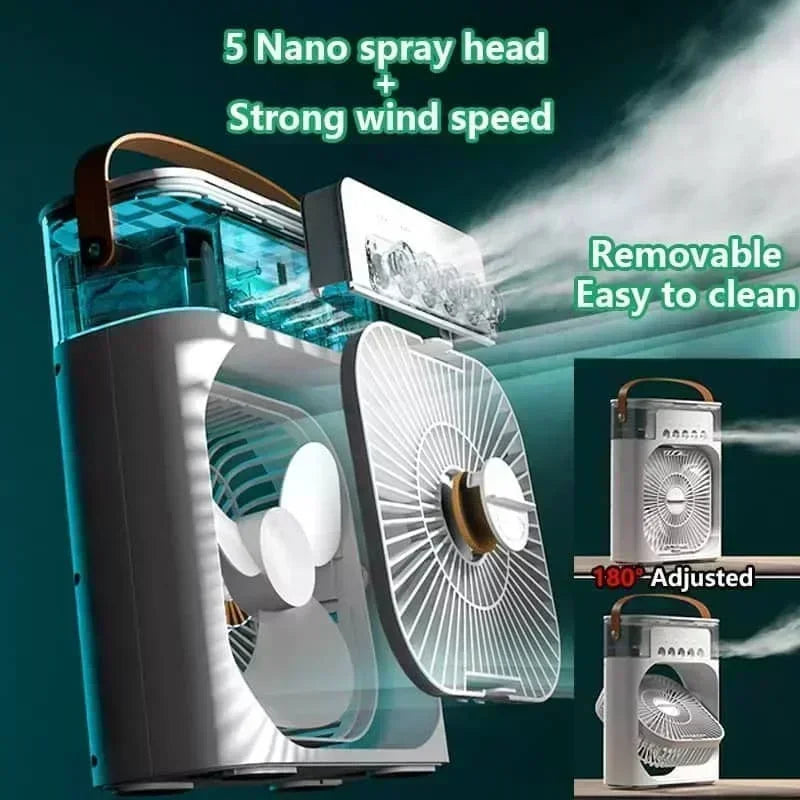 Mini air conditioner with 5 nano spray heads and strong wind speed, removable and easy to clean.
