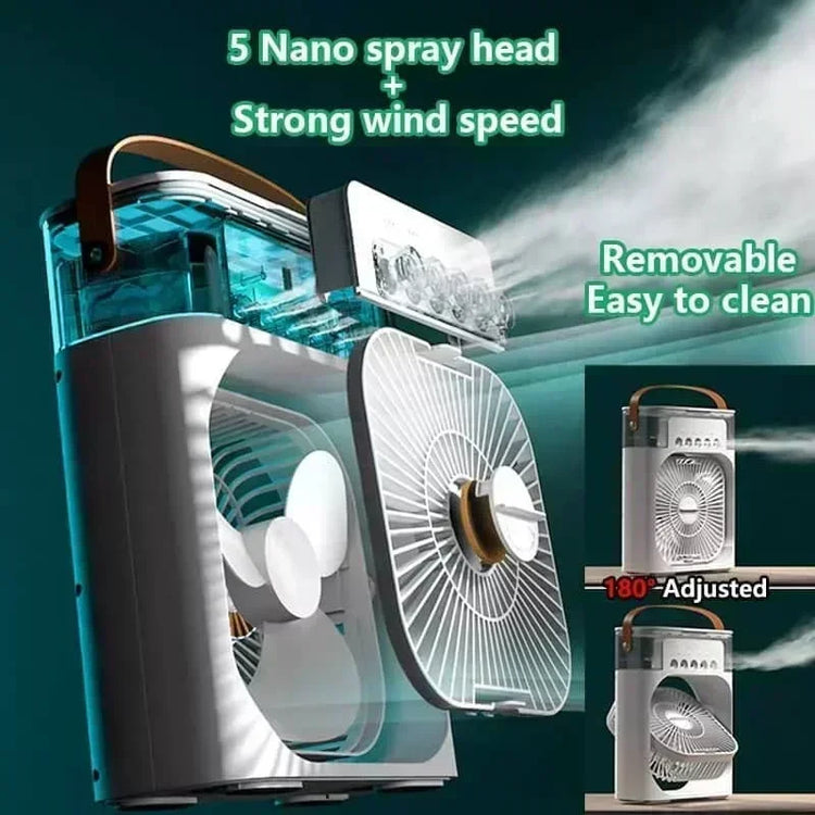 Mini air conditioner with 5 nano spray heads and strong wind speed, removable and easy to clean.
