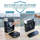 Mini air conditioner portable humidifier showing cleaning fan blades and water tank for health.