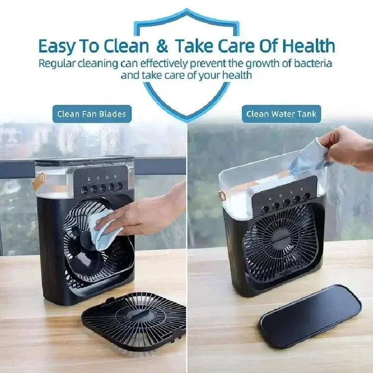 Mini air conditioner portable humidifier showing cleaning fan blades and water tank for health.