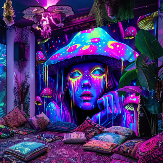 VIKAMA Psychedelic Mushroom Girl Tapestry Blacklight Reactive Wall Hanging for Living Room Bedroom Dorm Gaming Room Home Decor