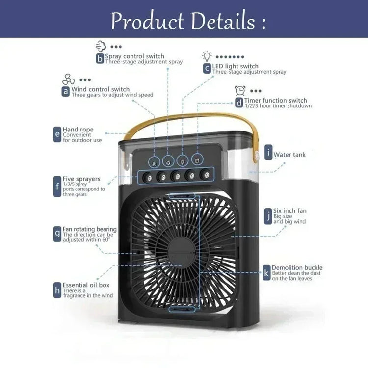 Mini air conditioner portable humidifier features detailed diagram showing controls and specifications for optimal use.