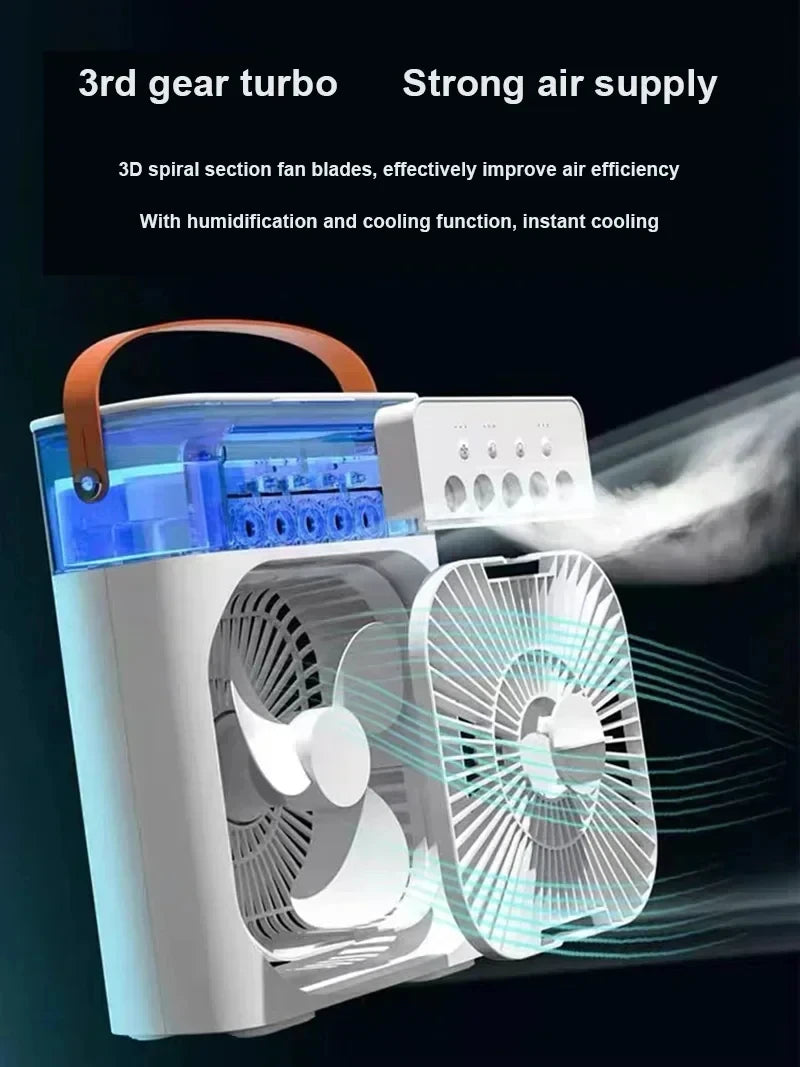 Mini air conditioner with strong air supply and 3rd gear turbo, featuring 3D spiral fan blades for effective cooling.
