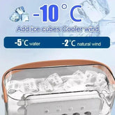 Mini air conditioner with ice cubes shown, displaying temperatures: -10°C, -5°C water, and -2°C natural wind.