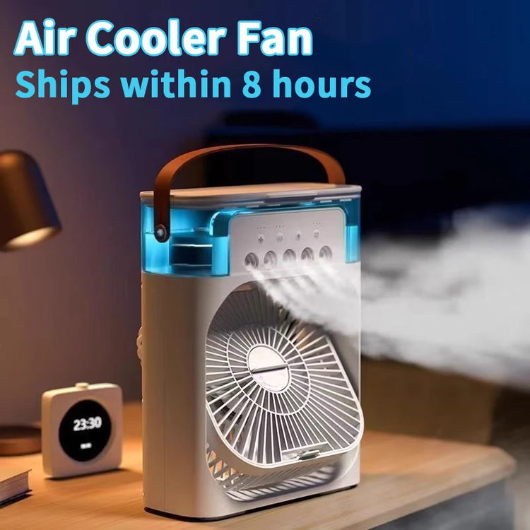 Mini air conditioner with a fan function, emitting cool mist, designed for portability and fast shipping.